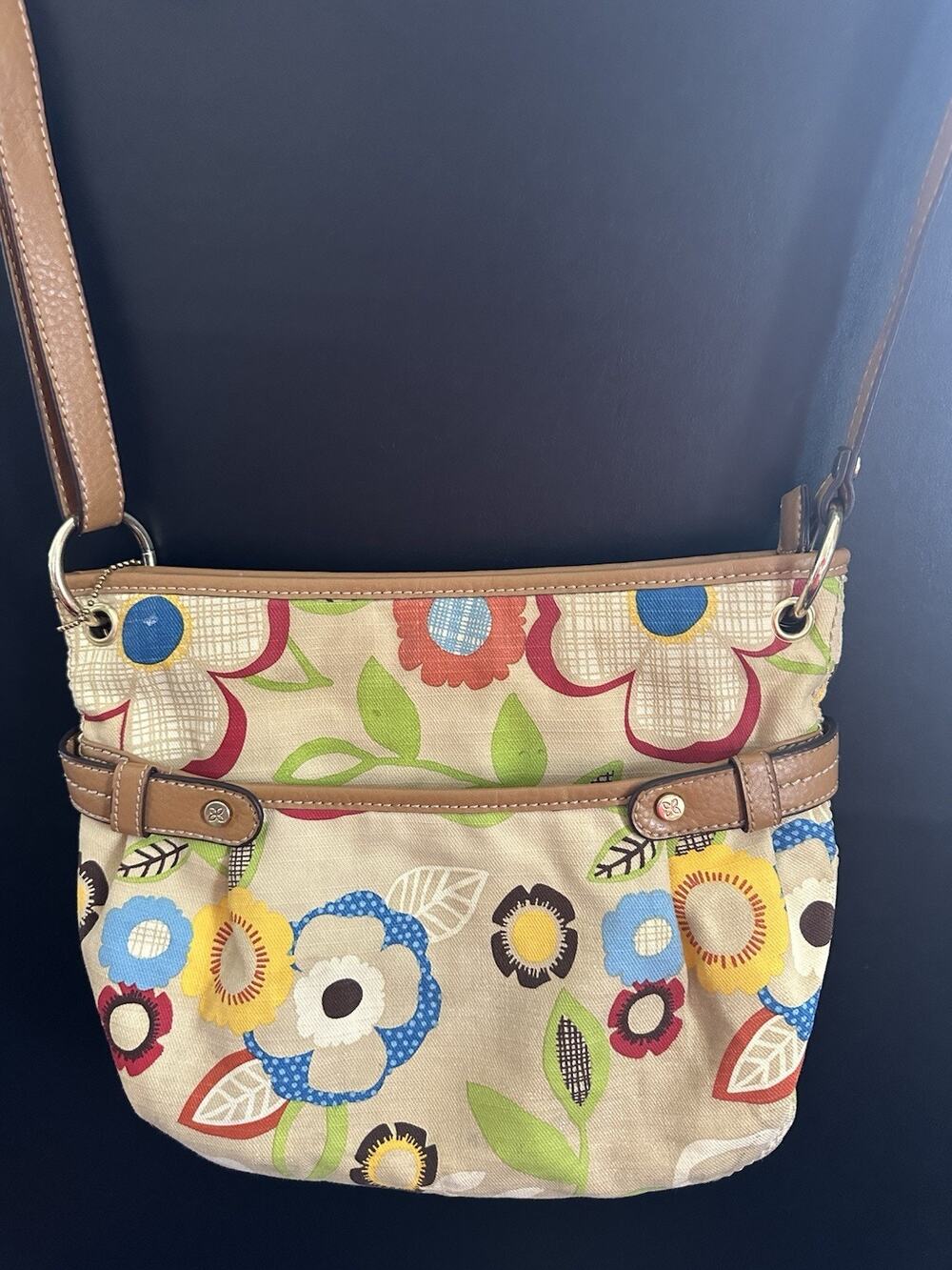 Relic by Fossil Floral Crossbody Bag Beige Multicolor Canvas Brown Trim